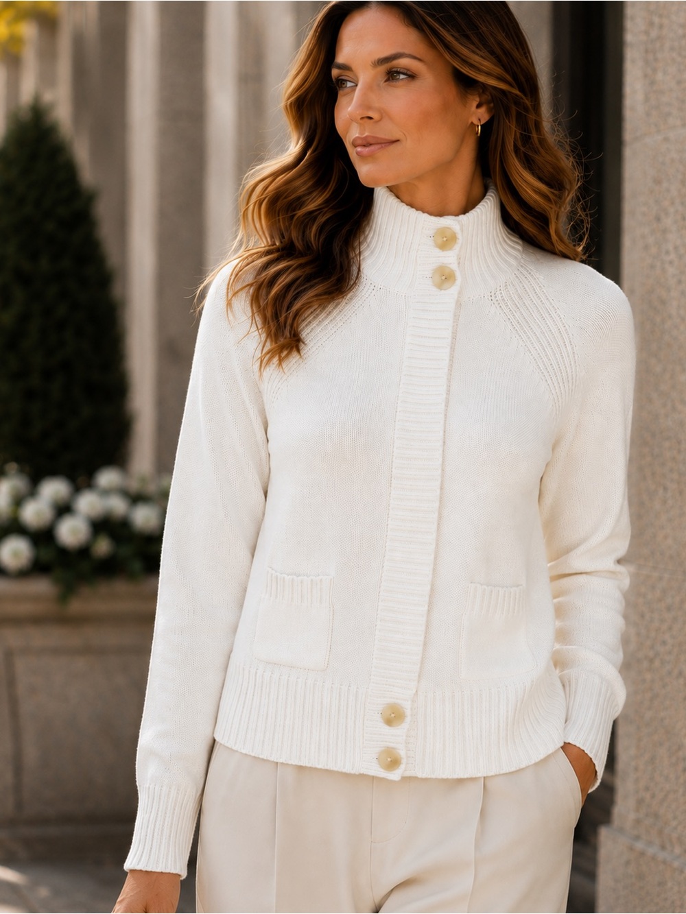 Calvin Klein 100% Cotton Ivory High Neck Cardigan Sweater Size Small